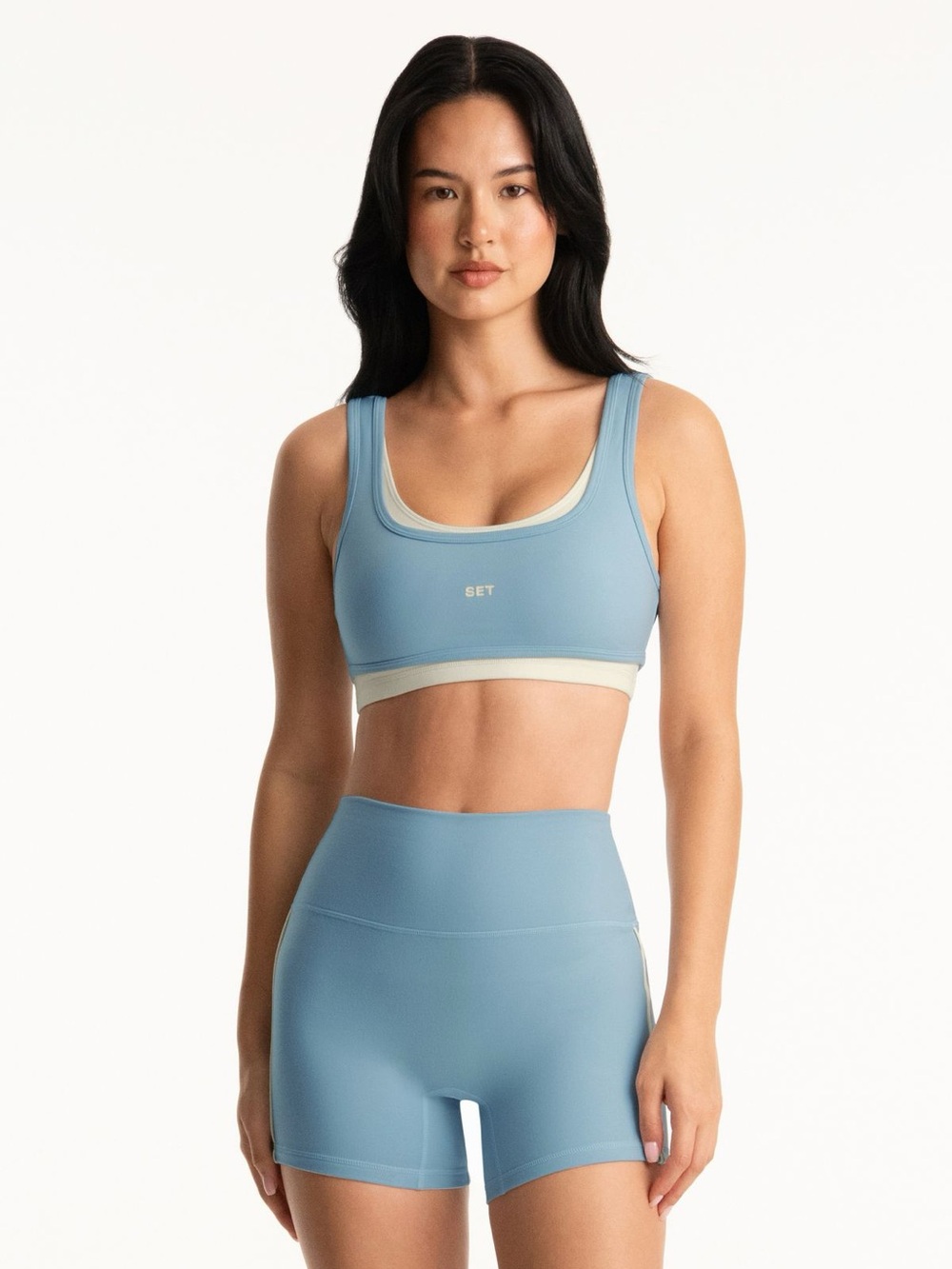 SET Active FormCloud Sports Bra | Powder Blue & Cream | Size Large